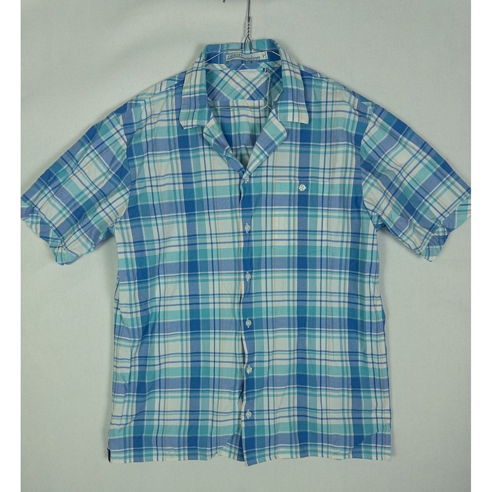 Criquet Blue Teal‎ Plaid Camp Collar Short Sleeve Button Up Shirt Mens L
